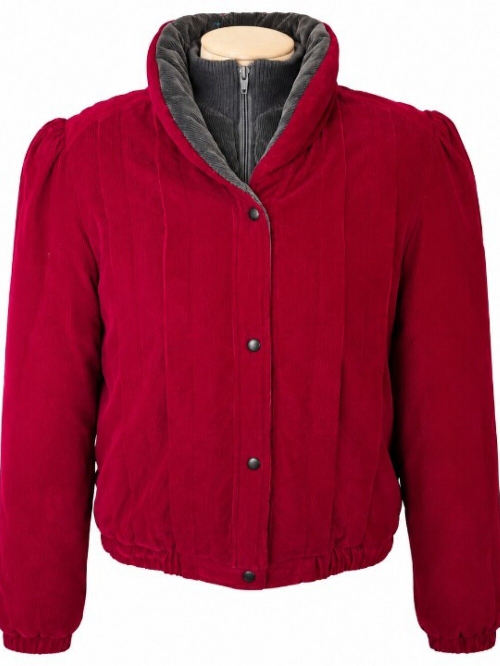 Illusions Vtg M Red Gray Corduroy Bomber Jacket Layered Insulated Puff Sleeve